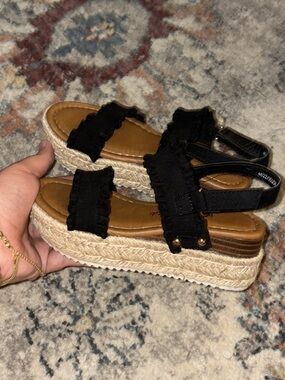 Girls' Black Ruffle Espadrille Platform Sandals